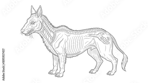 Animal Anatomy Study: Detailed monochrome illustration of a dog, showcasing its skeletal structure, perfect for educational and scientific purposes.