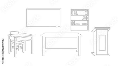 Educational Framework: An illustrative representation of quintessential classroom elements, including a desk with chair, a whiteboard, bookshelf, teacher's table and podium.