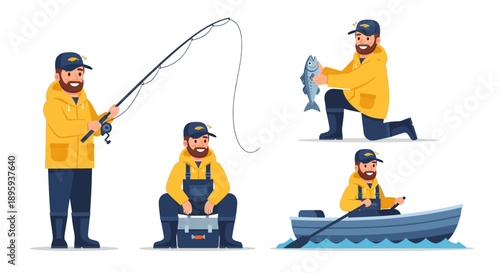 Man fishing from boat, reeling in catch, kneeling on deck, and sitting with tackle box, illustrated vector graphics