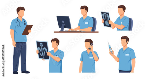 Medical professionals examining X-rays and using digital devices in various poses and settings