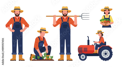 Farmers in various poses with farming tools and tractor in a rural landscape illustration