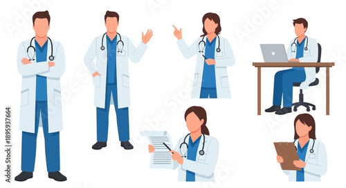 Medical professionals in various poses and actions, showcasing different roles and responsibilities in a clinical environment from multiple viewpoints