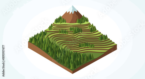 Isometric graphic illustration of a vibrant mountainous landscape featuring layered agricultural terraces, dense evergreen forests, and a majestic snow-capped peak.