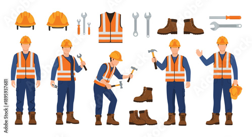 Construction workers in safety gear performing various tasks with tools and equipment displayed around them, viewed from the front.