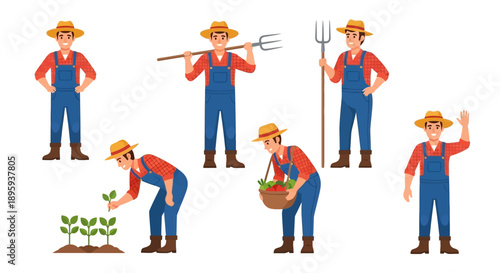 Farmer working in the field with various agricultural tools and activities illustrated in a graphic style