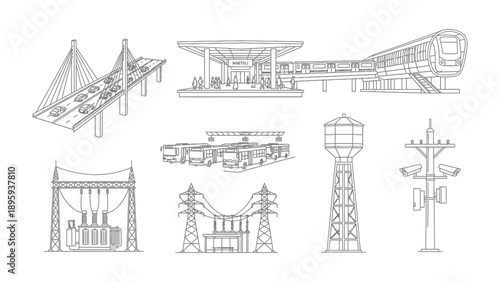 Urban Infrastructure Elements: An illustrative display of various essential urban infrastructural components, ranging from transport to power supply, symbolizing the backbone of city's functions.