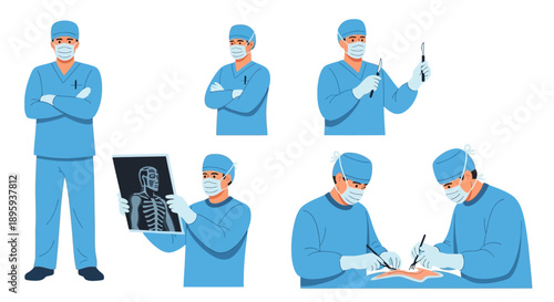 Medical professionals in blue scrubs examining an X-ray image in a clinical environment from various viewpoints