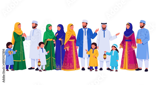 Diverse family gathering together in traditional attire, celebrating cultural heritage with joy and togetherness in a vibrant illustration