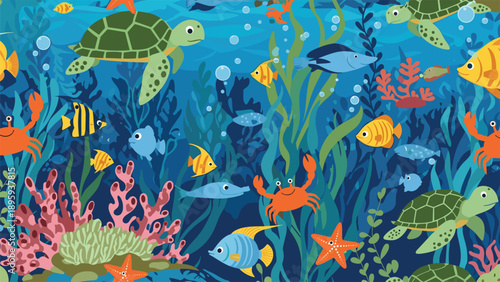 Detailed seamless pattern of a vibrant underwater world with turtles, fish, crabs, coral reefs, and seaweeds in deep blue water.