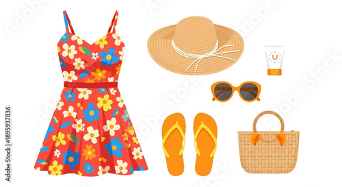 Vibrant summer dress, straw hat, sunglasses, flip flops, and beach bag arranged neatly on a clean white surface