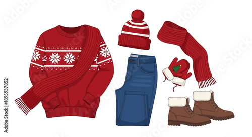 Winter clothing collection featuring sweater, boots, hat, gloves, and jeans in a flat lay arrangement