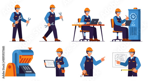 Technician inspecting machinery and working on plans in industrial setting