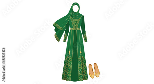 Traditional green dress with gold embroidery and matching shoes illustration