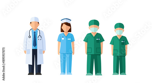 Medical professionals in various scrubs and lab coats standing together in a clinical environment