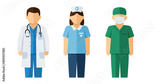 Medical professionals in uniform standing together, viewed from the front, in a simple graphic illustration