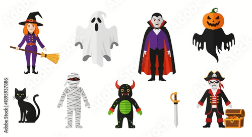 Halloween characters and objects arranged in a grid, featuring costumes and props, on a neutral background, viewed from directly above Whisk design elements