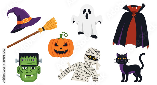 Collection of Halloween icons including witch, ghost, vampire, pumpkin, mummy, Frankenstein, and cat in a festive arrangement