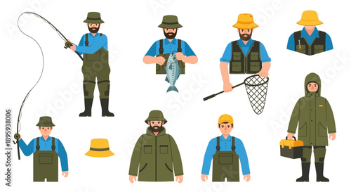 Fishermen in various poses and attire showcasing different aspects of the fishing profession and hobby, depicted in a clean and illustrative style.
