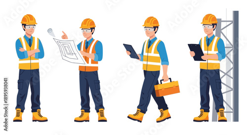 Construction worker in hard hat and safety vest examining blueprint and using tablet on site