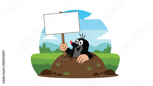 Cute cartoon mole popping out of its hole in a green field holding a blank white sign for custom text against a bright blue sky with clouds.