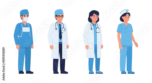 Medical professionals standing in a row, wearing various scrubs and lab coats, in a clinical environment, viewed from the front