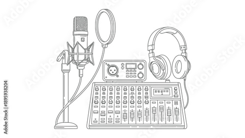 Studio Sound Equipment: An artistic line drawing captures a sound recording studio's essential equipment, inviting the user into a world of audio creation and music production.