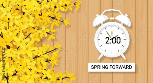 Illustration of a spring concept with a clock and yellow flowers on a wooden background, representing Daylight Saving Time begins.