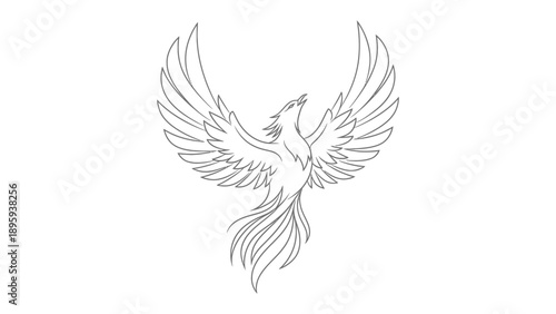 Phoenix in Flight: An elegant monochrome line art illustration of a phoenix soaring majestically with wings spread, symbolizing rebirth and renewal, conveying a message of hope.