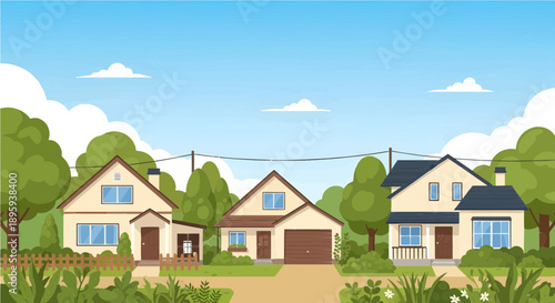 Clean and neat rural village house environment illustration, tidy countryside homes with well-organized yards, many green trees and plants surrounding the houses
