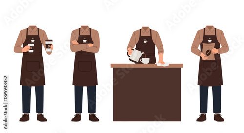 Barista in various poses serving coffee, standing behind counter, holding cups, working, and preparing beverages in a coffee shop environment