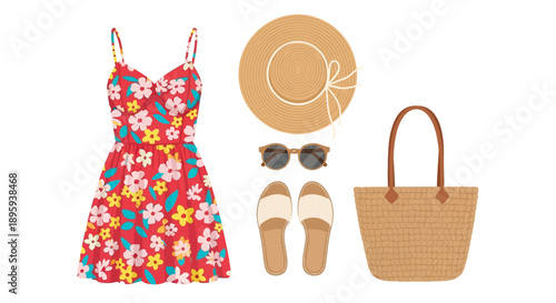 Summer outfit arrangement featuring floral dress, straw hat, sunglasses, sandals, and tote bag on a clean background