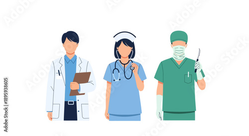 Medical professionals including doctor, nurse, and surgeon standing together, vector illustration