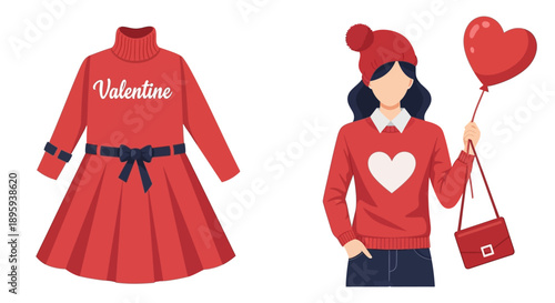 Illustration of a woman holding a heart balloon and a purse, wearing a red outfit with a heart design on a white background