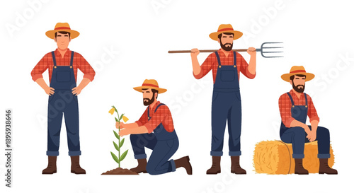 Farmers in overalls and hats planting, working, and resting amidst crops and hay bales in a rural landscape illustration