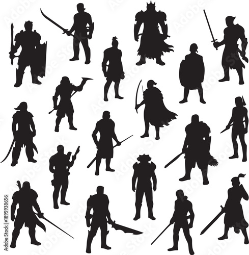 Collection of medieval warrior silhouettes with various weapons and armor