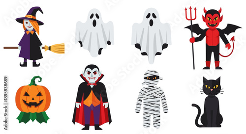 Halloween characters and symbols illustration showcasing various spooky figures and objects in a flat design style