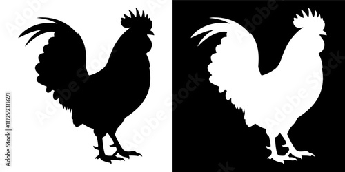 Rooster Silhouette Black and White Vector Illustration.