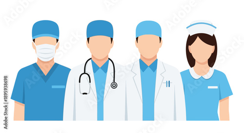 Medical professionals in blue scrubs and lab coats standing together in a clinical environment from a straightforward viewpoint