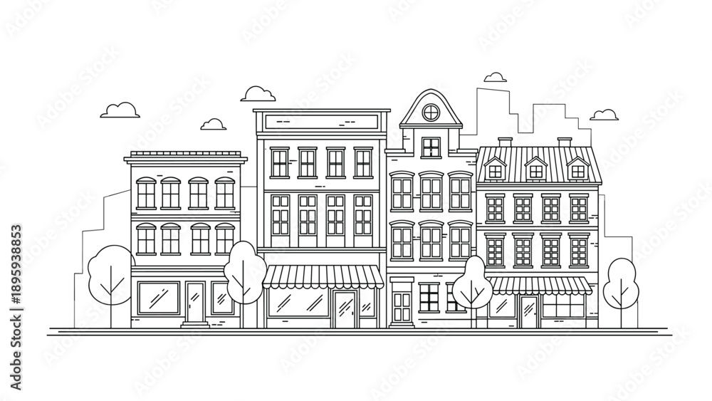 Naklejka premium Detailed line art illustration of a row of traditional European town houses with shops on the ground floor and clouds in the sky above.