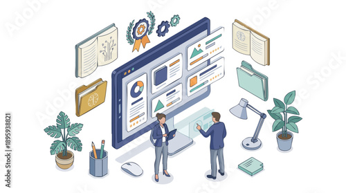 Isometric illustration of two people interacting with a large computer monitor displaying data, charts, and content, surrounded by office and educational elements.