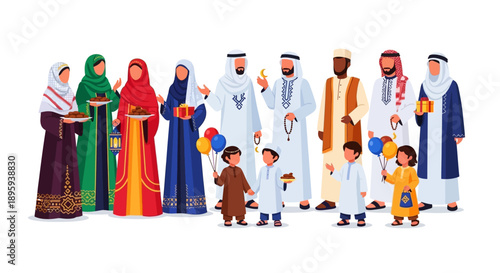 Diverse family members in traditional attire gathered together, interacting and standing in a row.