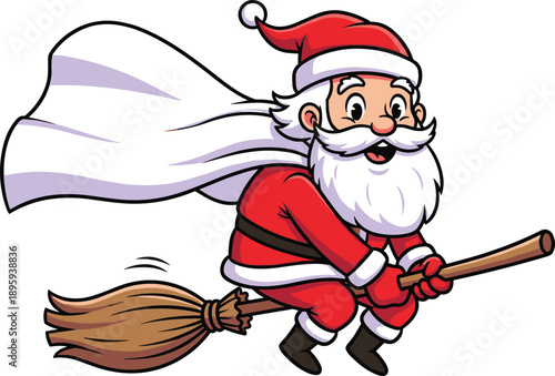 Cartoon Santa riding broomstick — red suit, white cape, motion lines, whimsical Christmas-Halloween crossover character, magical holiday illustration