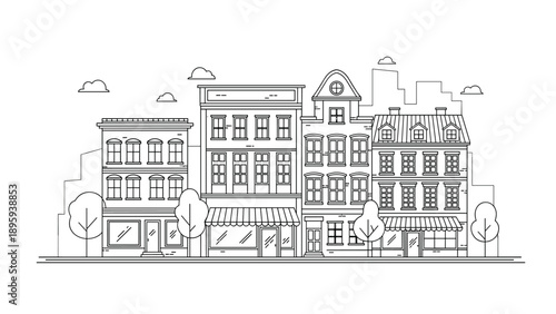 Detailed line art illustration of a row of traditional European town houses with shops on the ground floor and clouds in the sky above.