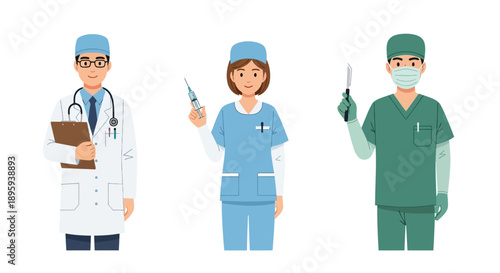 Medical professionals in various scrubs standing together holding medical instruments in a clinical setting from a straightforward viewpoint