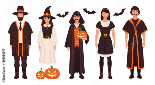 Group of people in Halloween costumes standing together, featuring witches, pilgrims, and pumpkins in a festive autumnal scene from a straightforward viewpoint.
