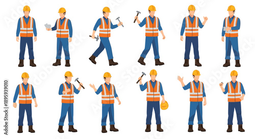 Construction workers in safety vests performing various tasks on a white backdrop viewed from the front