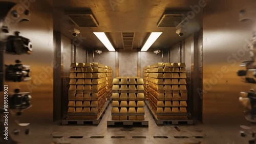 Vault door opening revealing gold bars stacked inside a secure bank or safe room for financial security