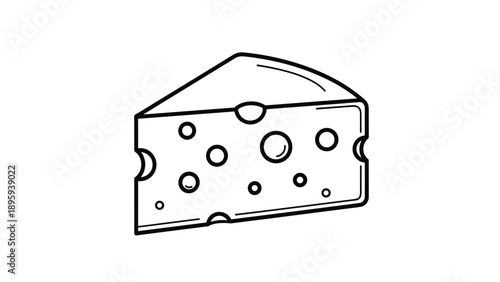 Simple black and white line drawing of a wedge of swiss cheese with holes on a plain white background suitable for coloring or icons.