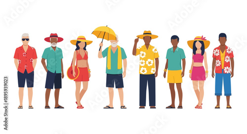 Diverse group of people in summer attire walking together in a line, enjoying sunny weather outdoors.