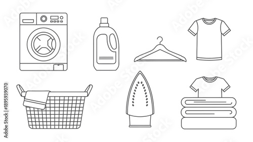 Laundry Essentials: A clean graphic illustration of laundry essentials, featuring a washing machine, detergent bottle, clothes hanger, t-shirt, laundry basket, iron, and folded t-shirts.